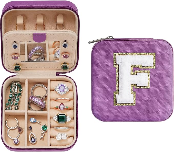 Parima Gifts for Mom - Small Travel Jewelry Box, Travel Jewelry Case with Mirror for Necklace Earrings Rings Organizer | Birthday Gifts Christmas Travel Gifts for Mom - Letter F, Purple by PARIMA