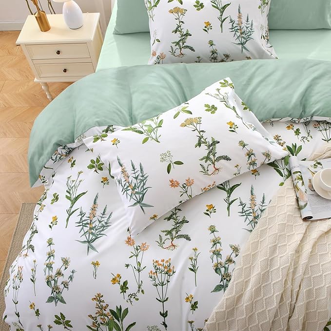 MUXHOMO Bed in a Bag King 7 Pieces, King Comforter Set Reversible Green Botanical Flowers Design, Ultra Soft & Breathable Bedding Sets with Comforter, Sheets, Pillowcases & Shams