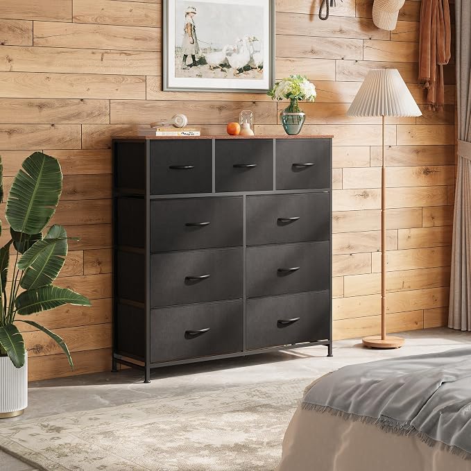 WLIVE 9 Drawer Dresser, Fabric Storage Tower for Bedroom, Hallway, Closet, Tall Chest Organizer Unit for Bedroom with Fabric Bins, Steel Frame, Wood Top, Easy Pull Handle, Black and Rustic Brown - Image 2