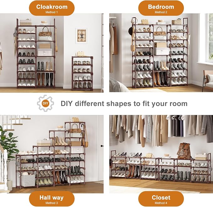 WOWLIVE 9 Tiers Shoe Rack Shoe Storage Shoe Organizer 30-35 Pairs Shoe Tower Unit Shelf Durable Metal Pipes with Plastic Connectors Stackable Cabinet Brown - Image 5