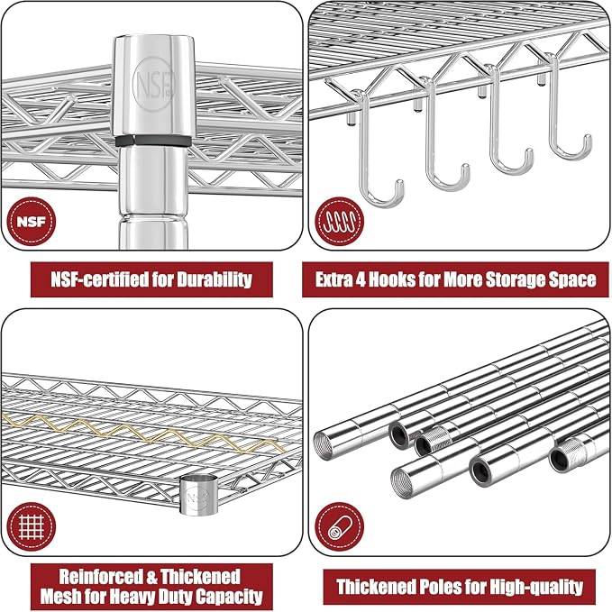 PrimeZone 5 Tier 48" Wx24''Dx81''H Wire Shelving with Wheels 3000lbs NSF Storage Shelves Heavy Duty Metal Shelf Adjustable Rolling Rack Commercial Garage Restaurant Warehouse Kitchen Chrome 6Pack - Image 6