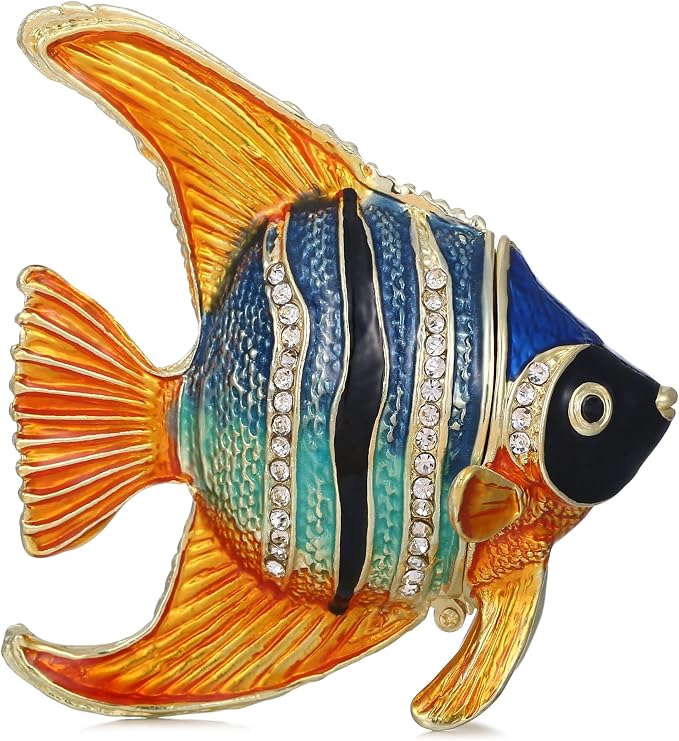 Hand Painted Animal Trinket Box for Home Decor, Hinged Jewelry Organizer Storage, Unique Personalized Collectible Keepsake Figurine Handmade Decorative Ornament Gifts (Angelfish) by AzurtLCX