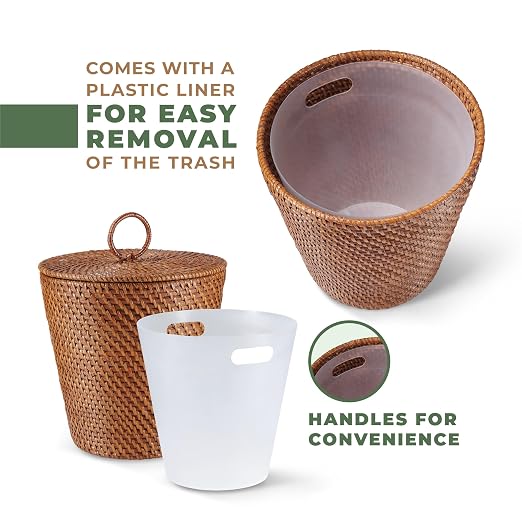84ECO 3 Gallon Rattan Trash Can with Lid and Liner - Wicker Trash Can for Bathroom, Bedroom, Kitchen, Living Room - Image 2