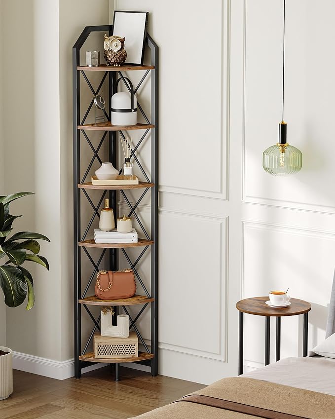 CHOEZON 6-Tier Corner Shelf, Industrial Corner Bookshelf, 71.2" Corner Storage Stand, Plant Stand Display Shelf, Corner Bookcase for Bedroom, Living Room, Home Office, Rustic Brown and Black TCJ11BF - Image 6