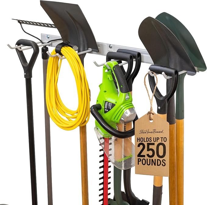 StoreYourBoard 36" Garage Tool Organizer Wall Mount | Garden Tool Organizer System | Heavy Duty Garden Tool Storage Rack for Yard Tools Rakes Shovels 250lbs Garage Organization | 4 PVC Coated Hooks by StoreYourBoard