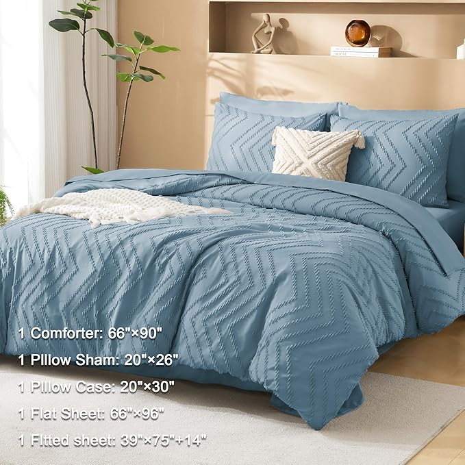 Litanika Twin Comforter Set with Sheets Dusty Blue - 5 Pieces Boho Tufted Shabby Chic Bed in a Bag, Fluffy Soft Farmhouse Bed Set for All Seasons