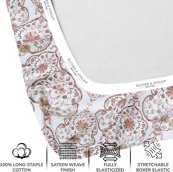 Feather & Stitch Printed 500 TC Twin Size 3pc Damask Bed Sheet Set, 100% Soft Cotton Breathable Bedsheets, 18" Deep Pockets Sateen Weave Striped Bedding Mattress Resort Hotel Luxury - Floral Bloom