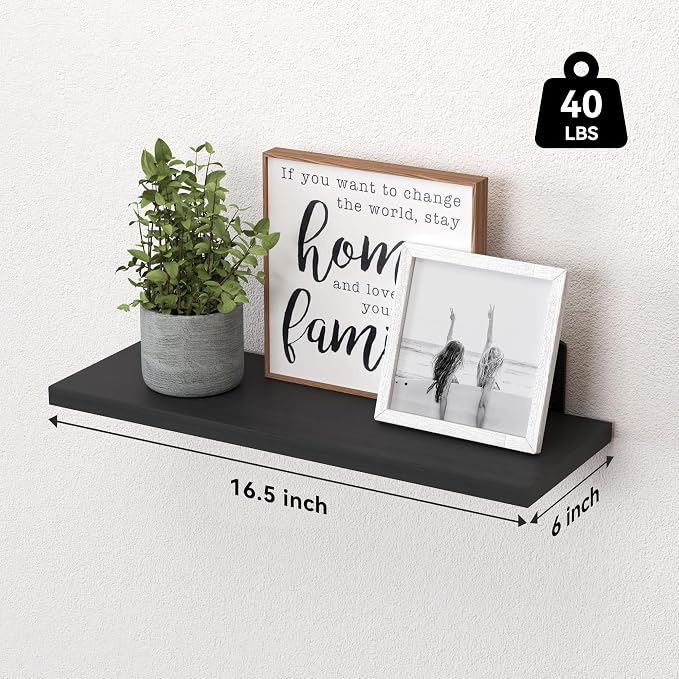 WOPITUES Wood Floating Shelves Set of 6, Shelves for Wall Decor, Farmhouse Shelf for Bedroom, Bathroom Storage Shelves, Book Shelves for Living Room-Black - Image 3