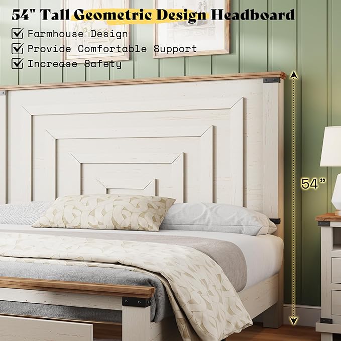 AMERLIFE 2 Pieces Farmhouse Bedroom Set, Includes Wood Rustic Full Size Bed Frame with 54" Tall Headboard, 48" Tall 5 Drawers Dresser Chest, Heavy Duty Thick Plank Styling, Antique White