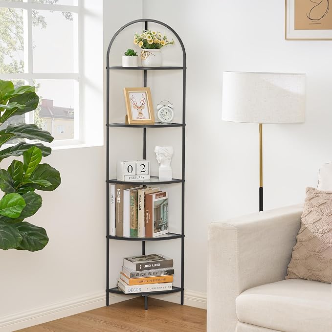 Homhedy 5-Tier Corner Shelf Stand, Metal Corner Bookshelf, Tempered Glass Shelves, Bathroom Storage Rack Shelf, Plant Stand, Modern Style, Black by Homhedy