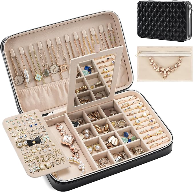 Lolalet Travel Jewelry Case for Women Girls, Travel Jewelry Organizer Box with Mirror & Clear Storage Bag, Small Portable Earring Necklace Bracelet Ring Case, Birthday Valentine Gifts -Large, Black by Lolalet
