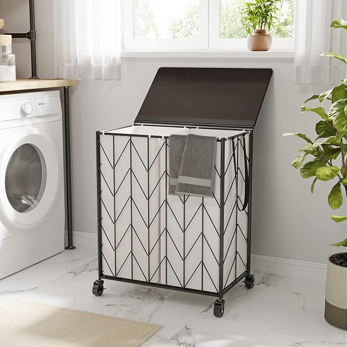 WOWLIVE Laundry Basket with Wheels, Heavy Duty Laundry Hamper with Wood Lid, Clothes Hamper with Divided Removable Liner Bag, Large Capacity Iron-Made Laundry Sorter Laundry Room Organization (Beige) - Image 4