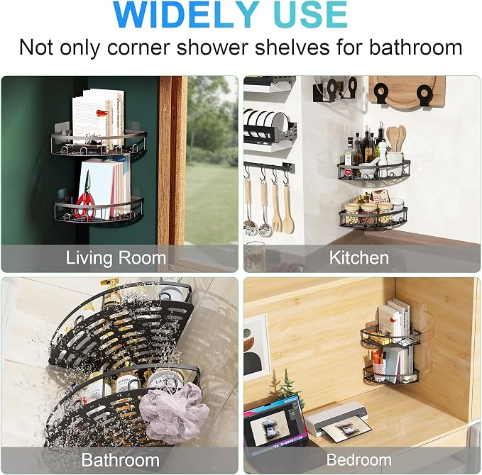 Corner Shower Caddy, 2 Pack Adhesive Bathroom Shower Corner Organizer Shelf, No Drilling Rustproof Wall Mounted Shower Storage Rack Shampoo Holder Organizer (Black) - Image 8