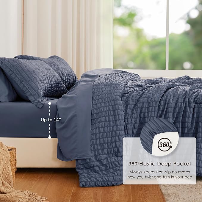 Love's cabin Seersucker Navy Blue King Size Comforter Set, 7-Piece All Season Lightweight Bed in a Bag Bedding Set with Comforter, Flat Sheet, Fitted Sheet, Pillowcases and Shams | Soft, Breathable, Lightweight