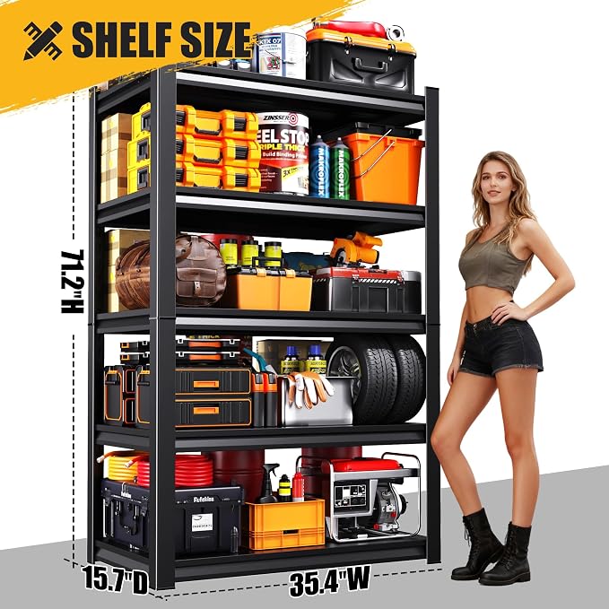 71" H-35 W Garage Shelving Heavy Duty Storage Shelves, Metal Adjustable Shelving Unit, Utility Garage Organizer Shelf for Basement, Pantry, Kitchen, Warehouse,16" D x 35" W x 71" H, Black - Image 3