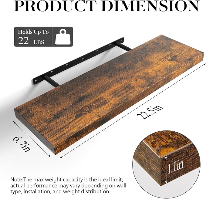 BAYKA Floating Shelves for Wall, Set of 3, 22.5 Inch Rustic Wood Wall Mounted Shelving for Bathroom, Bedroom, Living Room or Kitchen, Hanging Display Decor Book Shelf with 22 lbs, Rustic Brown - Image 3