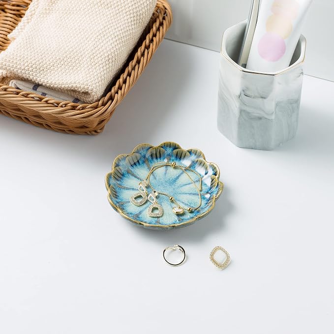 Jewelry Dish Tray, Ring Dish, Ceramic Trinket Tray, Key Bowl, Decorative Plate, for Friends Sisters Daughter Mother (Retro Blue) - Image 5