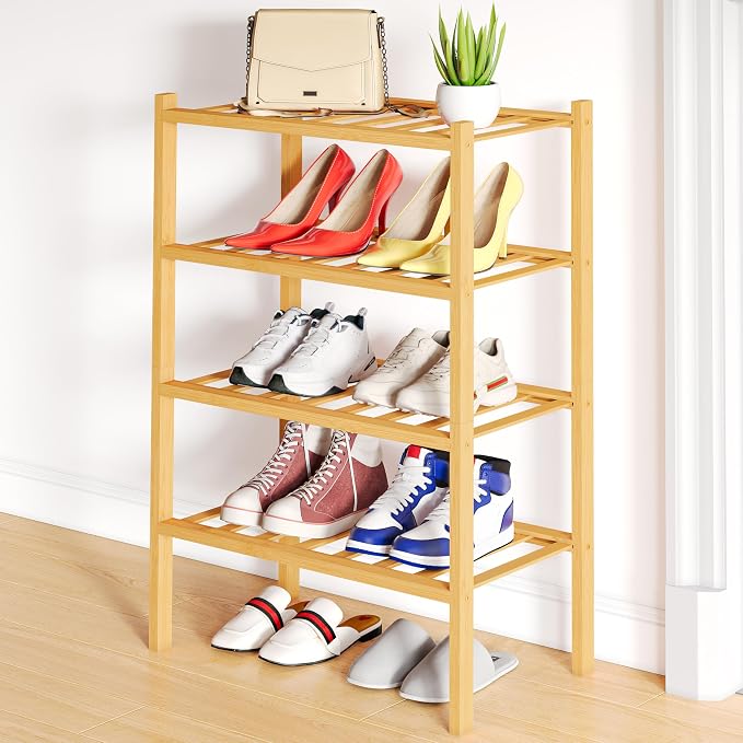 Smiry Shoe Rack, 4 Tier Small Bamboo Shoe Organizer, Stackable Free Standing Wooden Shoe Storage Shelf for Closet, Entryway, Front Door Entrance, Natural by Smiry