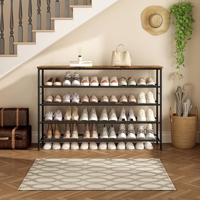 SUOERNUO Shoe Rack 5 Tier Shoe Storage Organizer Metal Mesh Shelves with MDF Top Board for Entryway, Hallway, Closet,Bedroom，Living Room (Black+Rustic Brown, Large 5 Tier) - Image 4