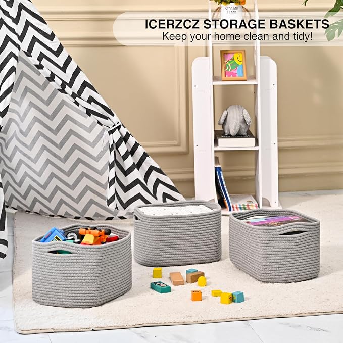 ICERZCZ Small Storage Baskets for Shelves Organizing, Woven Cotton Rope Baskets for Storage, Book Basket, Decorative Shelf Basket, 12.5"Lx9.1''Wx7.9''H (4 Packs) Grey - Image 6