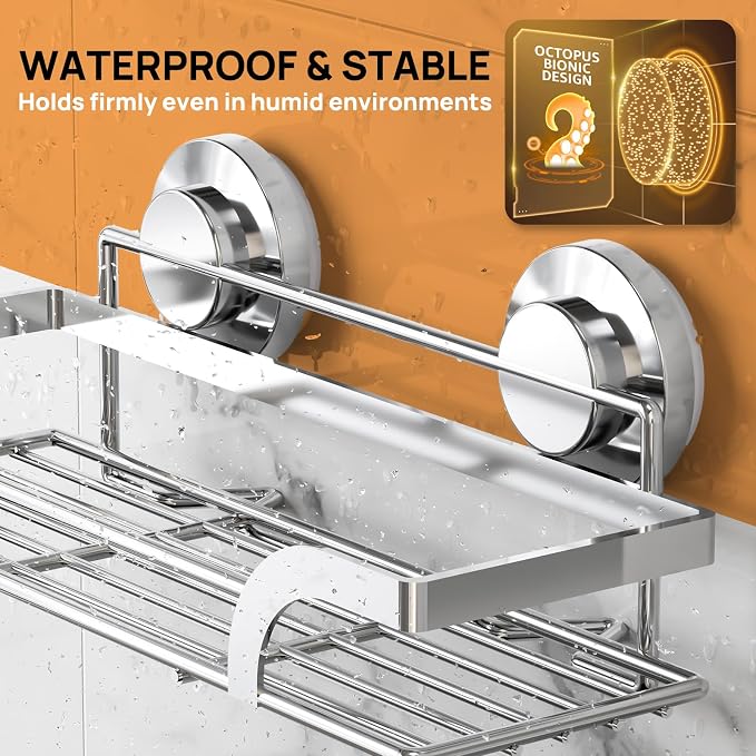 LEVERLOC 2 Pack Shower Caddy Suction Cup, Shower Shelves for Inside, Rustproof Metal Bathroom Storage NO-Drilling Bath Organizer with Large Capacity,Heavy Duty Storage Basket,Home Decor,Silver - Image 9