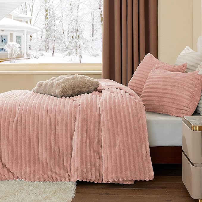BEDELITE Fleece Full Comforter Set -Super Soft & Warm Fluffy Dusty Pink Bedding, Luxury Fuzzy Heavy Bed Set for Winter with 2 Pillow Cases