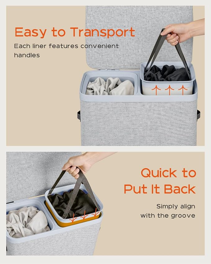 CASAMAYA Laundry Basket with Lid, Laundry Hamper 2 Section, 170L collapsible Laundry Organizer, Easy Assembly, with Handles and Removable Liners, 22 x 15.7 x 29.5 Inches, Gray JSP903G - Image 4