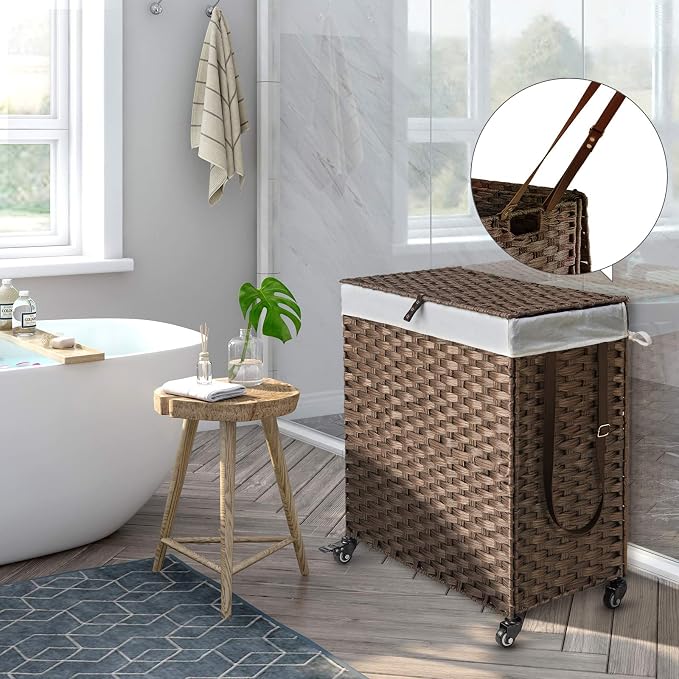 Greenstell Laundry Hamper with Wheels, No Install Needed, 90L Divided Handwoven Hampers & 2 Removable Liner Bags, Synthetic Rattan Clothes Laundry Basket with Lid & Handles, Foldable Hampers Brown - Image 3