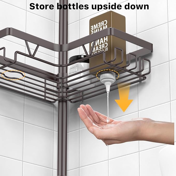KEGII 4-Tier Corner Shower Caddy Tension Pole - Waterproof Shower Rod Organizer, Floor to Ceiling Tension Rod 25-114.2 inch, Stainless Steel Corner Shower Shelf, Bronze - Image 5