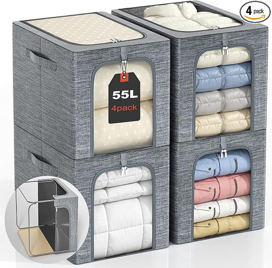GoMaihe Clothes Storage Bins Metal Frame: 55L Extra Large Stackable Closet Storage Bin with Lid & Clear Window, Heavy Duty Blanket Box for Winter Coats Comforters (Fits Deep Closet 4-Pack) by GoMaihe