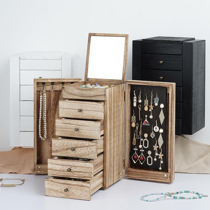 Meangood Jewelry Box Wood for Women, 6-Layer Large Organizer Box with Mirror & 5 Drawers for Rings, Earrings, Necklaces, Vintage Style, Carbonized Black - Image 5
