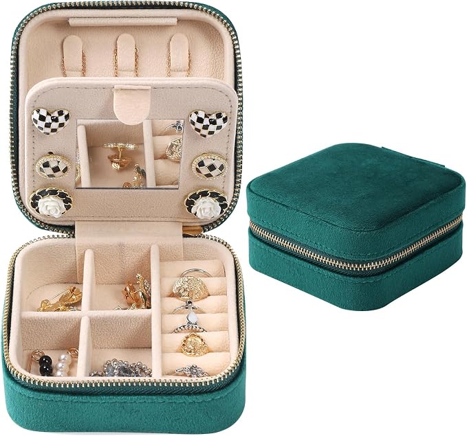 Dajasan Velvet Travel Jewelry Box, Mini Travel Jewelry Case, Small Portable Travel Jewelry Organizer with Mirror for Women Girls (Green) by DAJASAN