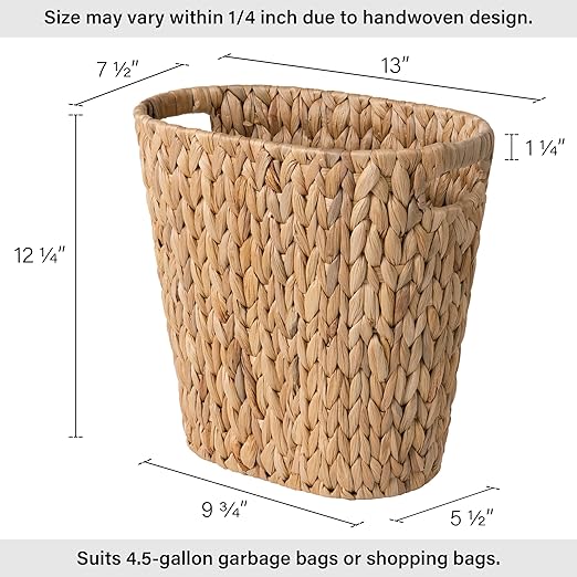 StorageWorks Wicker Waste Basket, Handwoven Water Hyacinth Trash Can with Built-in Handles, Wicker Garbage Can for Bedroom, Bathroom, 1 Pack - Image 3