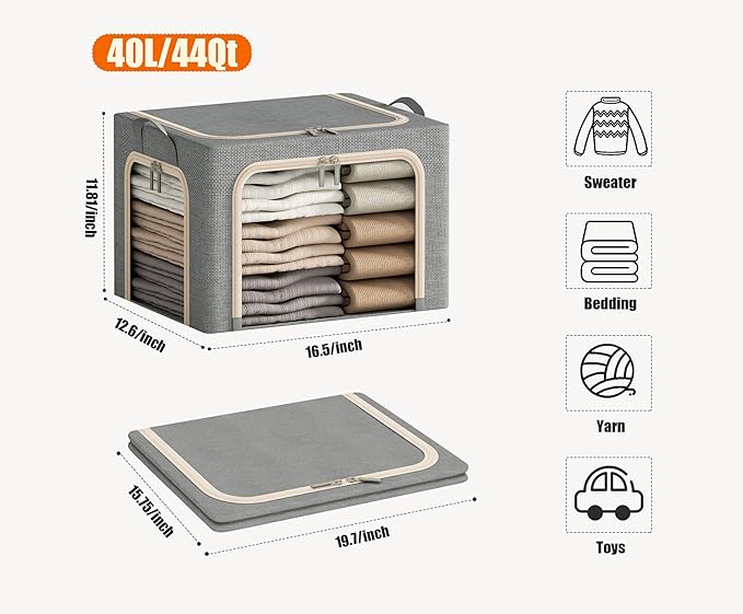 3 Openings Clothes Storage Bins with Metal Frame, Foldable Storage Bin for Clothes, Clothing Storage Bins with Lid, Linen Storage Box With Clear Window＆ Zippers＆ Durable Handles.(3 Pcs,Light Grey,40L) - Image 6