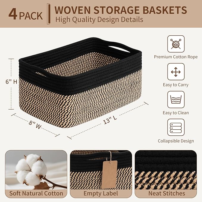 Goodpick 4 Pack Storage Baskets for Shelves, Rectangle Wicker Storage Bins for Baby Shower Toys, Decorative Organizer Shelf Baskets for Gifts Empty, 13''L x 8''W x 6''H, Black & Jute - Image 3