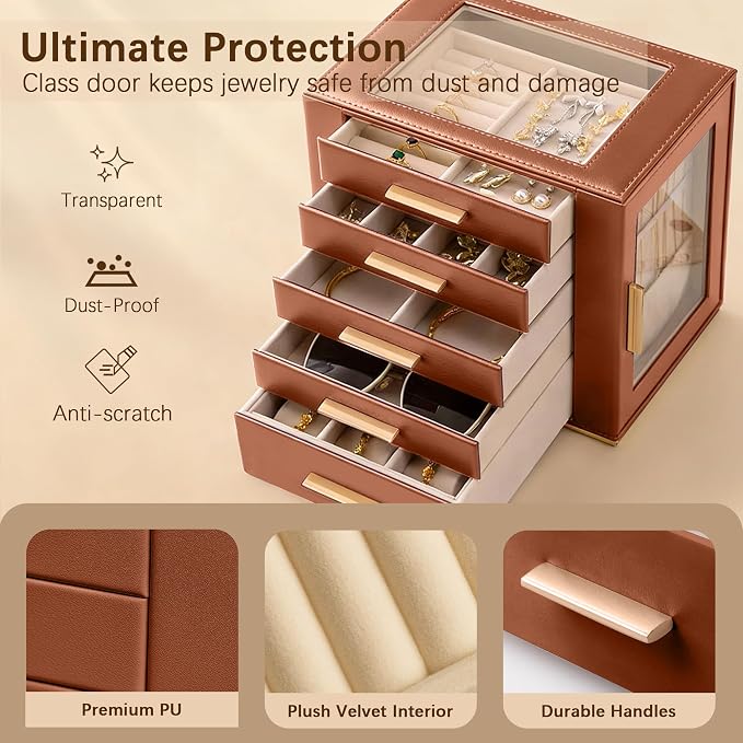 Homeanda Jewelry Box for Women with Glass Lid, 5 Drawers Jewelry Organizer and Storage for Necklaces, Rings, Earrings, Bracelets, Gift for Girls and Teens,PU Leather (Brown) - Image 5