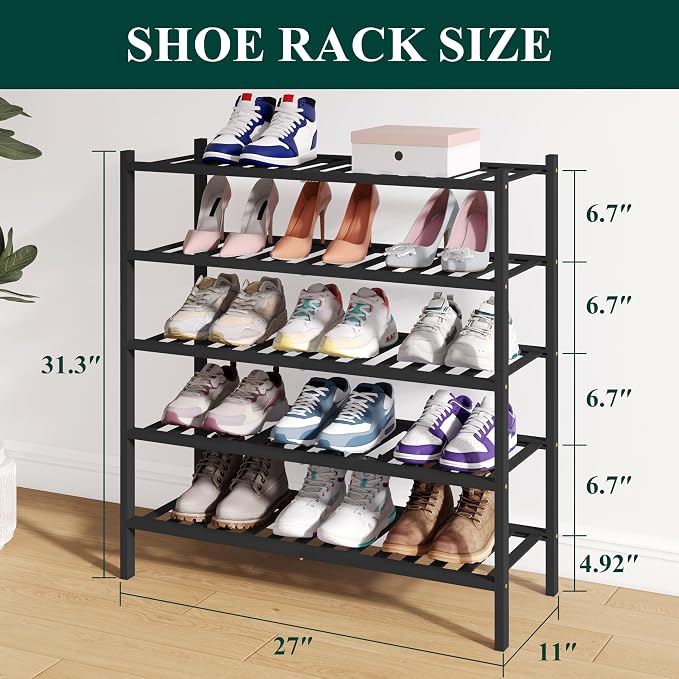 Smiry Bamboo Shoe Rack for Closet, 5 Tier Wooden Stackable Shoe Organizer, Free Standing Shoes Storage Shelf for Entryway, Front Door Entrance, Black - Image 2