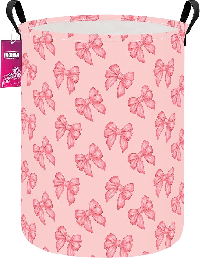 Laundry Hamper Large Canvas Fabric Lightweight Storage Basket/Toy Organizer/Dirty Clothes Collapsible Waterproof for College Dorms, Boys and Girls Bedroom,Bathroom(Pink bowknots) by INGHUA