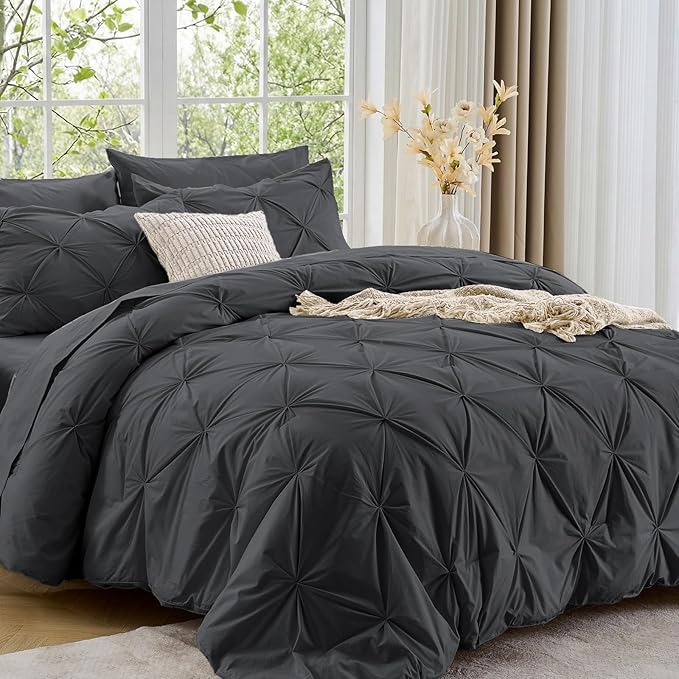 Sasttie Queen Comforter Set, 7-Piece Bed in a Bag, Pintuck Bedding Set for All Season, Includes Comforter, Flat Sheet, Fitted Sheet, Pillowcases and Pillowshams, Dark Grey