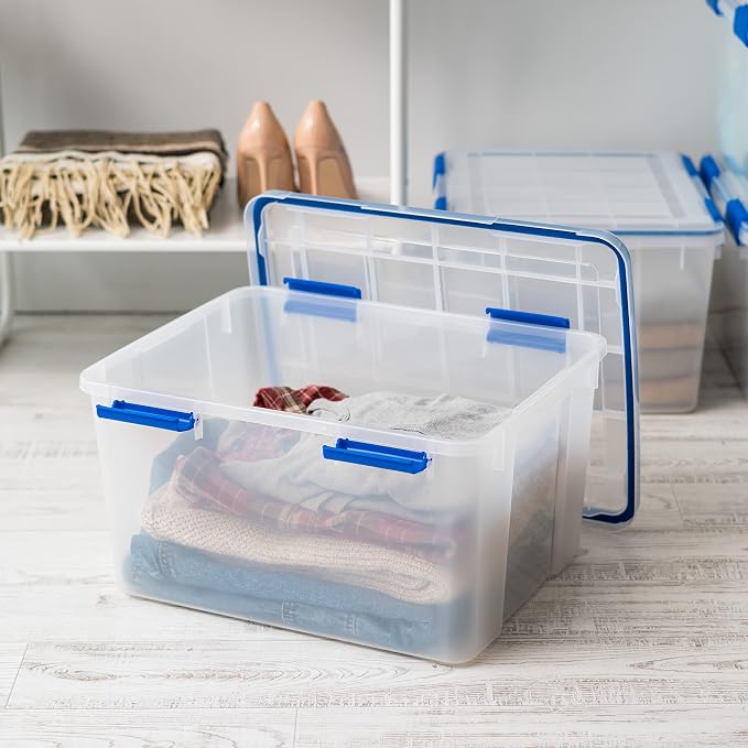 IRIS USA WeatherPro 44 Qt Storage Bins with Lids, 2 Pack, BPA-Free Plastic Gasket Box with Tight Latch and Seal, Stackable Nestable Tote Tub - Clear/Blue - Image 3