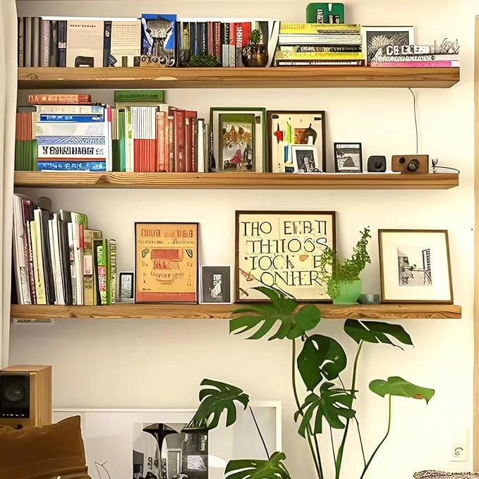ROGMARS 36 Inches Long Walnut Floating Shelves,Rustic Solid Wood Farmhouse Wall Shelves with Invisible Brackets for Bathroom, Living Room, Bedroom, Kitchen Set of 3 - Image 3