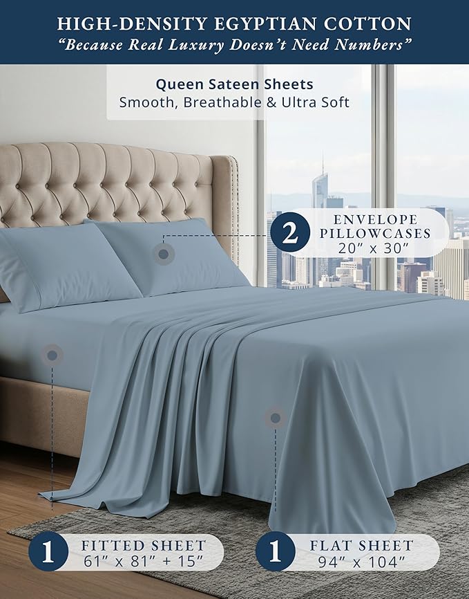 100% Egyptian Cotton Queen Size Sheet Set - Naturally Breathable & Durable Winter Comfort, Ultra-Soft Hotel Luxury Comfort with 15" Deep Pocket Queen Sheets, Silky Sateen Weave - French Blue