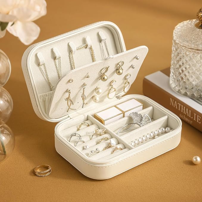 CASEGRACE Travel Jewelry Case, Double Layer Travel Jewelry Organizer for Necklace Earring Rings Jewelry Display Case for Women, White - Image 2