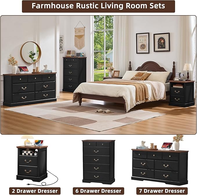Farmhouse Dressers & Night Stand,54" Wide 7 Drawer Dresser & 45" Tall Chest of Drawers, 18" Wide 2 Drawers End Table with Charging Station,Furniture Dresser Sets for Home