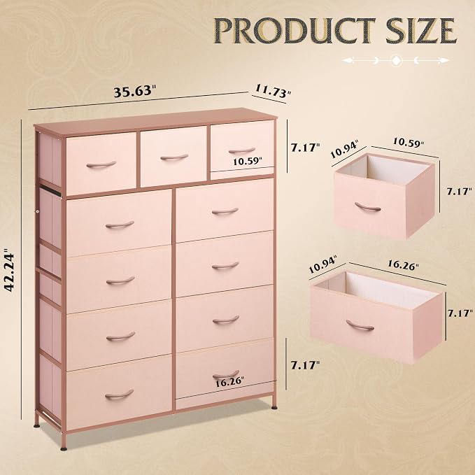 WLIVE Tall Dresser for Bedroom, Fabric Dresser Storage Tower, Chest of Drawers Organizer Unit with 11 Drawers, Storage Cabinet, Hallway, Closets, Steel Frame, Wood Top, Pink - Image 3