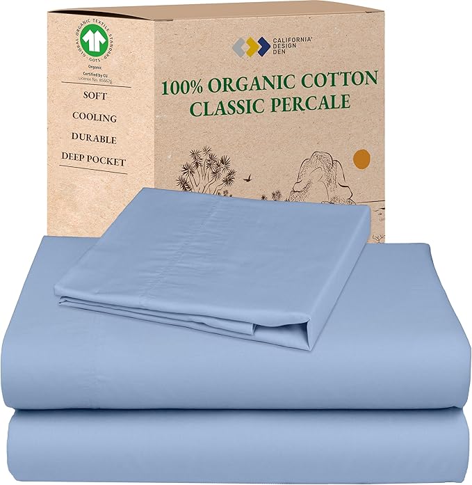 California Design Den Twin Sheets Set - Soft 100% Organic Cotton Sheets, Crisp and Cool Percale, Deep Pockets with Anti-Skid Elastic, Breathable and Durable Bedding Set - Light Blue