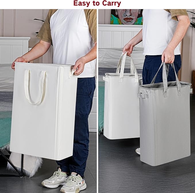 efluky Slim Laundry Basket, Narrow Laundry Hamper with Handles, Collapsible Dirty Clothes Hamper, Tall Laundry Bin for Laundry Room, Dorm and Bedroom, 19.8 Gallon (75L) Grey (Pack of 2) - Image 4