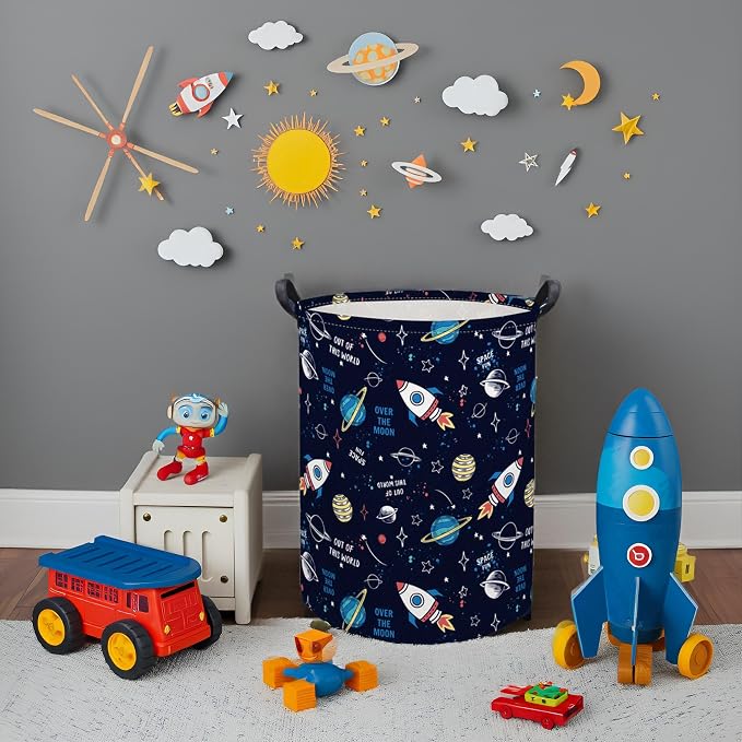 HIYAGON Kids Laundry Basket Baby Hamper for Nursery Boys Kids Hamper Cute Kids Toys Storage Bin Organizer Butterfly Room Decor for Home(Rocket Planet) - Image 5