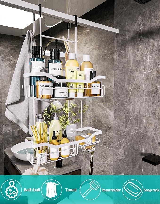 HapiRm Hanging Shower Caddy Over the Door with Soap Holder, No Drilling Adhesive Shower Organizer with 11 Hooks, Rustproof & Waterproof 304 Stainless Steel Bathroom Shelves - White - Image 2