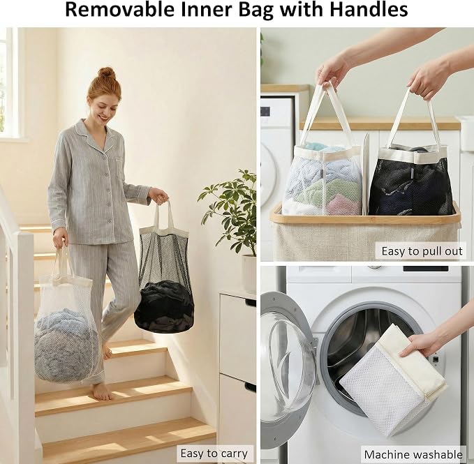 efluky Laundry Hamper with Lid, Double Laundry Hamper with 2 Removable Bags, 2 Section Laundry Basket with Bamboo Handles for Bathroom, Bedroom & Laundry Room, 140L (36.9 Gallon) Beige - Image 5